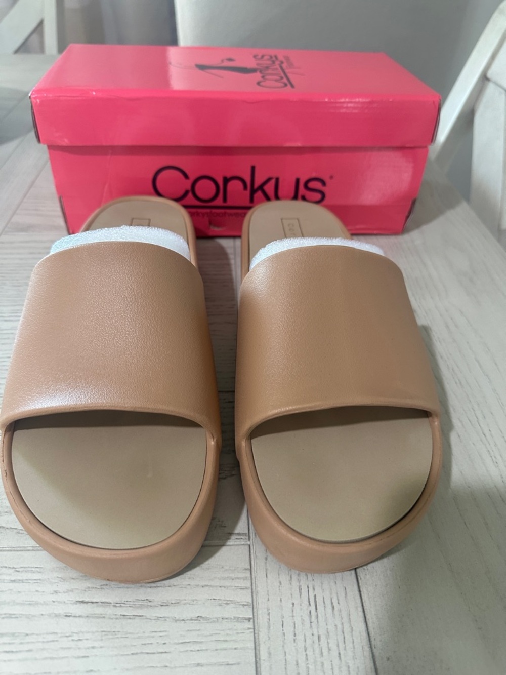 Corkys Tan Slide Sandals with White Liner